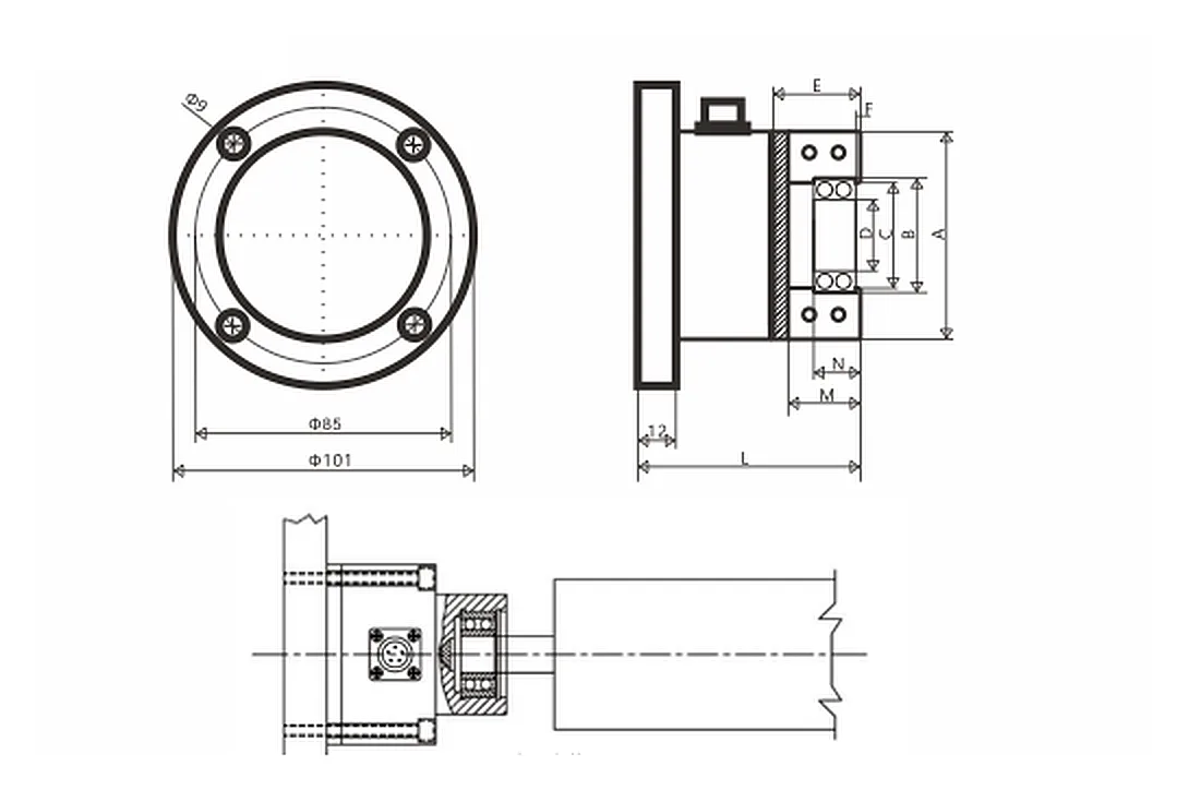 LFP100A Through-Shaft Tension Sensor mounting and dimension drawing